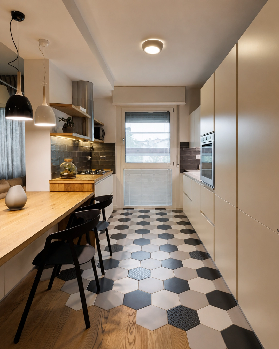 Cucina con tavolo in legno massello e pavimento esagonale